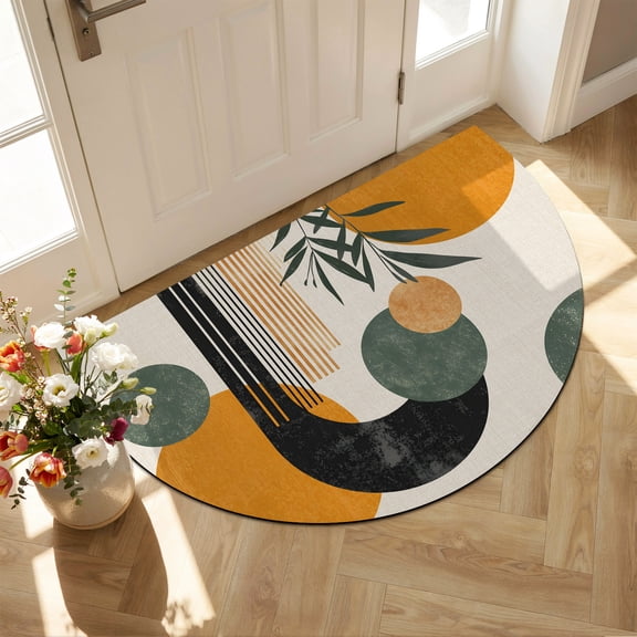 Half Circle Door Mat 18x30 Inch Boho Non Slip Welcome Mat Farmhouse Orange Indoor Outdoor Front Door Entrance Mat, Low Profile Dirt Trapper Doormat