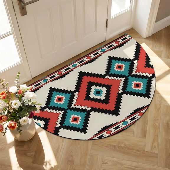 Half Circle Door Mat 18x30 Inch Boho Non Slip Welcome Mat Southwest Tribe Style Indoor Outdoor Front Door Entrance Mat, Low Profile Dirt Trapper Doormat