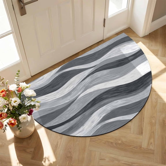 Half Circle Door Mat 18x30 Inch Coastal Gray White Ocean Non Slip Welcome Mat Nautical Abstract Black Waves Indoor Outdoor Front Door Entrance Mat, Low Profile Dirt Trapper Doormat