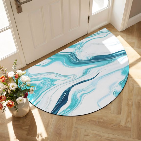 Half Circle Door Mat 18x30 Inch Gradient Blue Non Slip Welcome Mat Abstract Marble Irregular Line Circle Blue Indoor Outdoor Front Door Entrance Mat, Low Profile Dirt Trapper Doormat