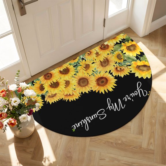 Half Circle Door Mat 18x30 Inch Spring Sunflowers Watercolor Non Slip Welcome Mat You're My Sunshine Black Indoor Outdoor Front Door Entrance Mat, Low Profile Dirt Trapper Doormat