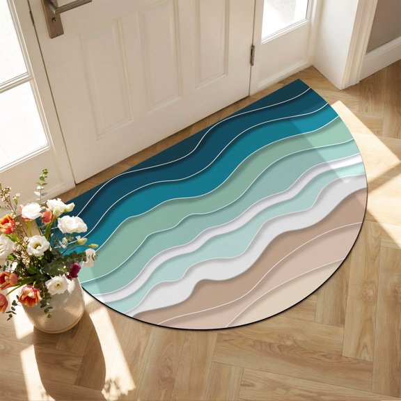 Half Circle Door Mat 18x30 Inch Teal Beach Waves Non Slip Welcome Mat Abstract Lines Indoor Outdoor Front Door Entrance Mat, Low Profile Dirt Trapper Doormat