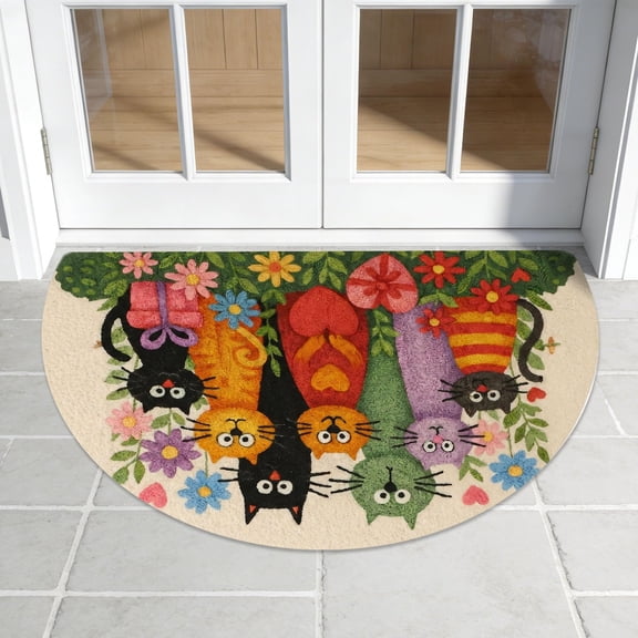 Half Circle Door Mat 24"x36" Non-Slip Washable Welcome Mat, Cute Cat Design Low Profile Front Door Mat Semicircular Entrance Doormat, Dirt Trapper Floor Mat for Indoor Outdoor Entryway Patio