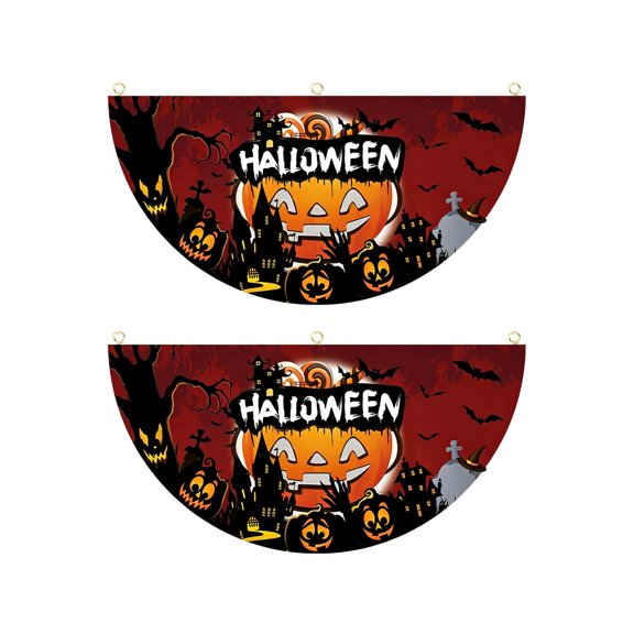 Half Circle Flag 2 Pack Jack O Lantern Pattern Halloween Banner for Front Porch Outdoor Hanging Halloween Party Decorations for Haunted House Entrance
