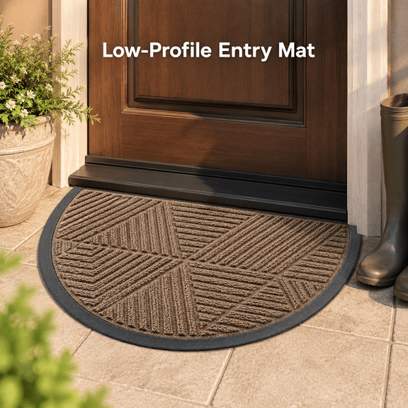 Half Circle Front Door Mat, Heavy Duty Natural Rubber Doormat, Low Profile Indoor Outdoor Entry Mat, Dirt and Moisture Trapping Entrance Rug with Irregular Triangle Pattern