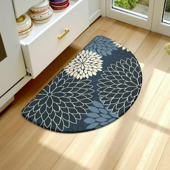 KIMODE Half Circle Kitchen Mats for Floor Cushioned Anti Fatigue,Semi Round Floral Boho Rug Non Slip,Waterproof Carpet Decor Sink Laundry Bathroom,Blue Multi
