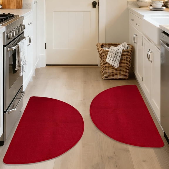 Half Circle Red Kitchen Rugs,2 Pack 17x30, Non-Slip Water Oil Absorbent Kitchen Mats, Machine Washable Floor Protector