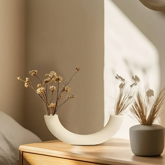 Half-Circle White Vase, Modern Minimalist Ceramic Vase, Nordic Irregular Vase, Decorative Floral Ornament Suitable For Home Decoration, Living Room Or Dining Table Centerpiece Decoration.