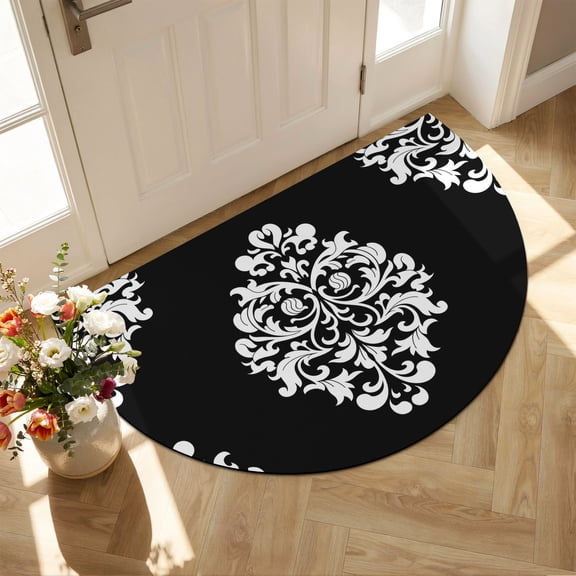 Half Circular Door Mat 16"x24", Baroque Black Absorbent Non Slip Welcome Mats for Front Door, Vintage Damask Classic Floral Diatomaceous Entryway Rug for Bathroom Kitchen Apartment Entrance