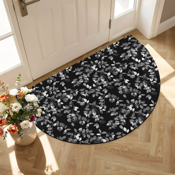 Half Circular Door Mat 16"x24", Black Botanical Absorbent Non Slip Welcome Mats for Front Door, Pastoral Spring Floral Classic Black Diatomaceous Entryway Rug for Bathroom Kitchen Apartment Entrance