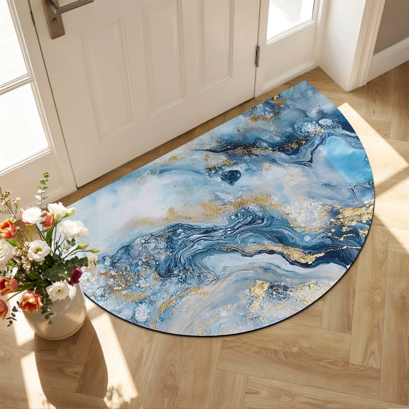 Half Circular Door Mat 16"x24", Blue Abstract Absorbent Non Slip Welcome Mats for Front Door, Modern Marble Yellow Ombre Diatomaceous Entryway Rug for Bathroom Kitchen Apartment Entrance
