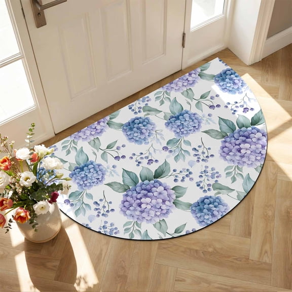 Half Circular Door Mat 16"x24", Blue Purple Spring Floral Absorbent Non Slip Welcome Mats for Front Door, Summer Botanical Elegant Diatomaceous Entryway Rug for Bathroom Kitchen Apartment Entrance