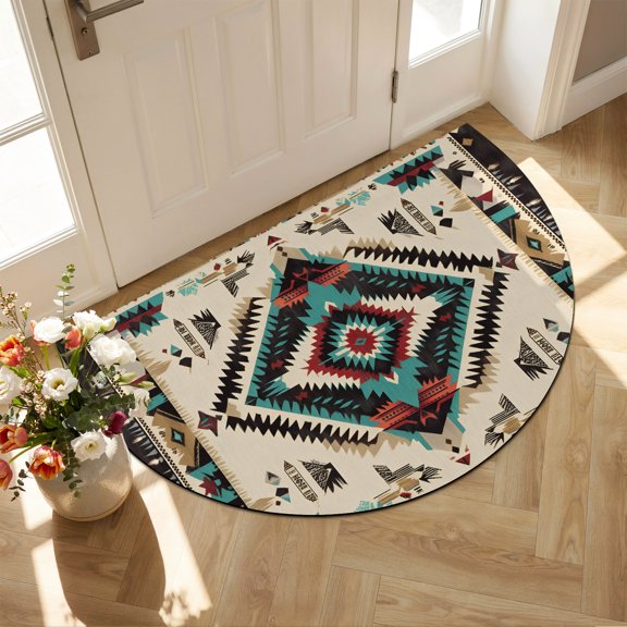 Half Circular Door Mat 16"x24", Boho Red Teal Brown Absorbent Non Slip Welcome Mats for Front Door, Southwestern Country Geometric Diatomaceous Entryway Rug for Bathroom Kitchen Apartment Entrance