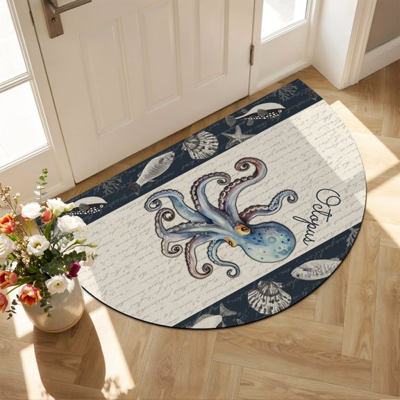 Half Circular Door Mat 16"x24", Coastal Octopus Absorbent Non Slip Welcome Mats for Front Door, Nautical Ocean Beach Fish Starfish Diatomaceous Entryway Rug for Bathroom Kitchen Apartment Entrance