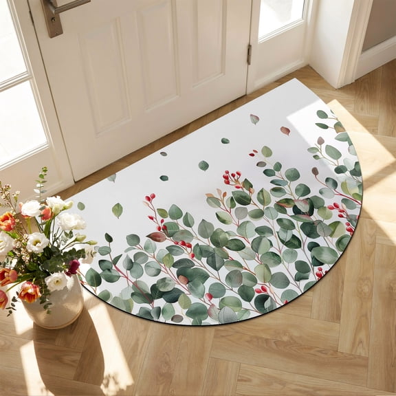 Half Circular Door Mat 16"x24", Green Botanical Absorbent Non Slip Welcome Mats for Front Door, Watercolor Spring Eucalyptus Leaves Red Diatomaceous Entryway Rug for Bathroom Kitchen Entrance
