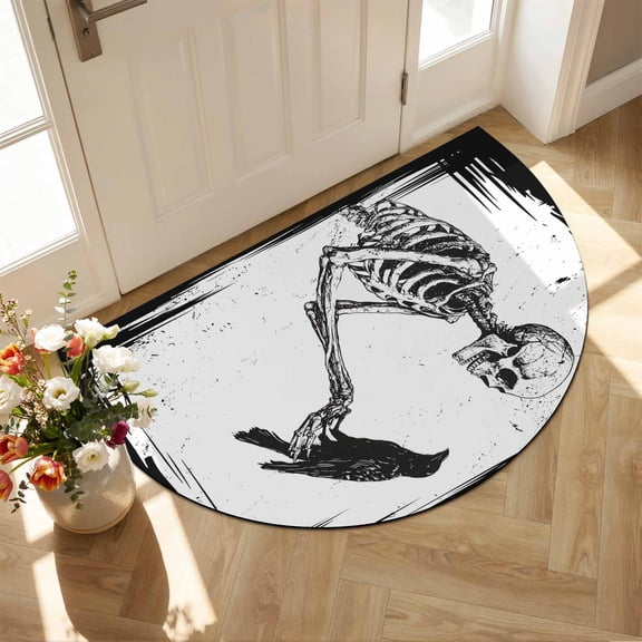 Half Circular Door Mat 16"x24", Halloween Absorbent Non Slip Welcome Mats for Front Door, Black Skull Crow White Diatomaceous Entryway Rug for Bathroom Kitchen Apartment Entrance
