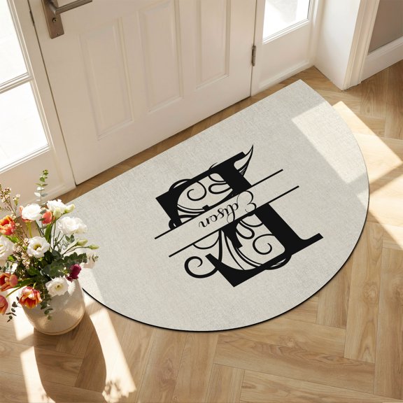 Half Circular Door Mat 16"x24", Letter E Absorbent Non Slip Welcome Mats for Front Door, Monogram Words Diatomaceous Entryway Rug for Bathroom Kitchen Apartment Entrance