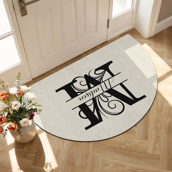 Half Circular Door Mat 16"x24", Letter M Absorbent Non Slip Welcome Mats for Front Door, Monogram Words Diatomaceous Entryway Rug for Bathroom Kitchen Apartment Entrance