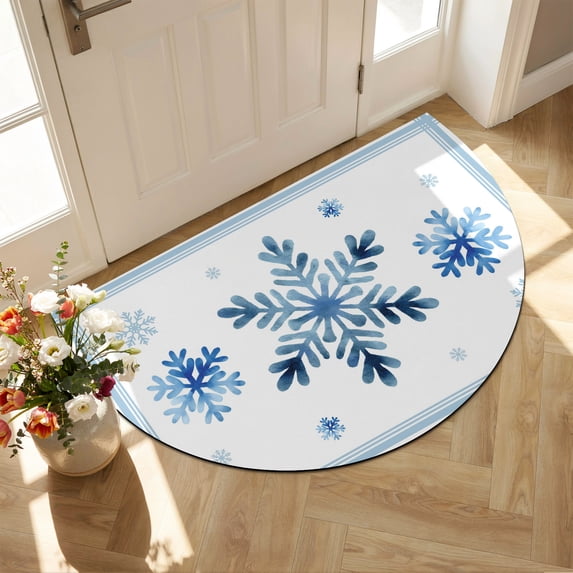 Half Circular Door Mat 16"x24", Navy Blue Snowflake Absorbent Non Slip Welcome Mats for Front Door, Christmas Winter Vintage White Stripes Diatomaceous Entryway Rug for Bathroom Kitchen Entrance
