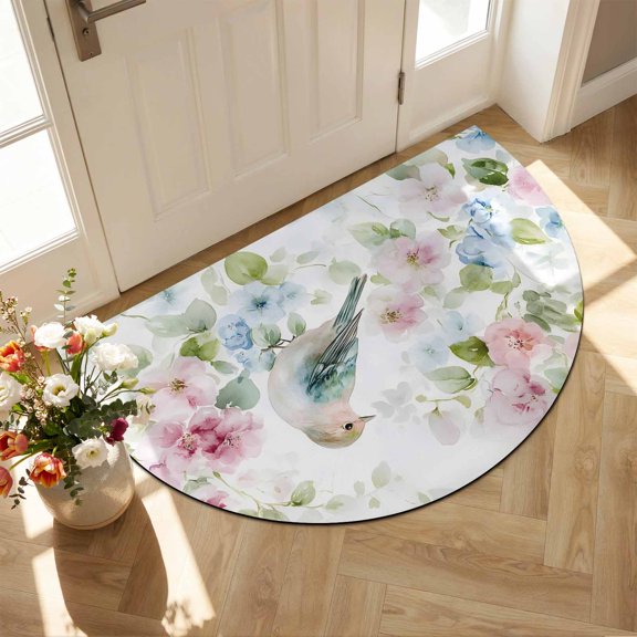 Half Circular Door Mat 16"x24", Peach Blossom Absorbent Non Slip Welcome Mats for Front Door, Nature Pink Blue Flower Spring Birds Diatomaceous Entryway Rug for Bathroom Kitchen Apartment Entrance