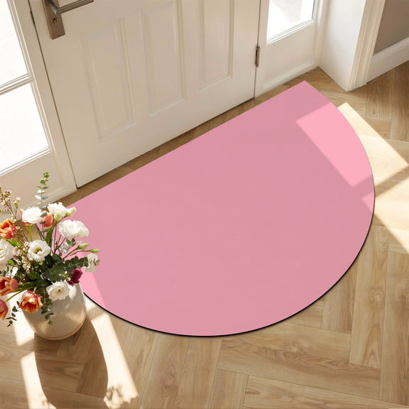 Half Circular Door Mat 16"x24", Pink Absorbent Non Slip Welcome Mats for Front Door, Pure Pink Diatomaceous Entryway Rug for Bathroom Kitchen Apartment Entrance