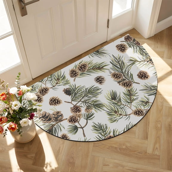 Half Circular Door Mat 16"x24", Sage Green Christmas Absorbent Non Slip Welcome Mats for Front Door, Xmas Botanical Pine Cones Diatomaceous Entryway Rug for Bathroom Kitchen Apartment Entrance