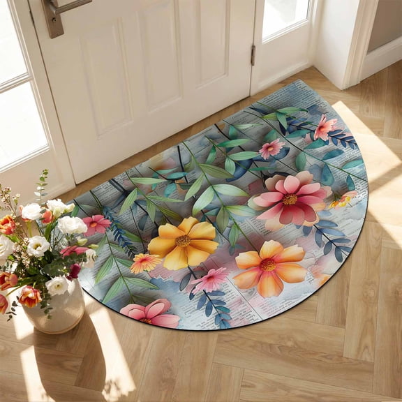 Half Circular Door Mat 16"x24", Spring Floral Absorbent Non Slip Welcome Mats for Front Door, Farmhouse Flowers Summer Botanical Diatomaceous Entryway Rug for Bathroom Kitchen Apartment Entrance