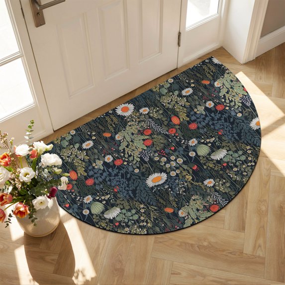 Half Circular Door Mat 16"x24", Spring Floral Absorbent Non Slip Welcome Mats for Front Door, Summer Daisy Botanical Flowers Diatomaceous Entryway Rug for Bathroom Kitchen Apartment Entrance