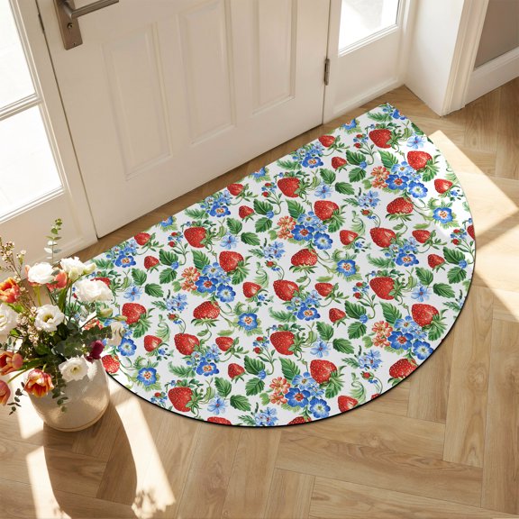 Half Circular Door Mat 16"x24", Strawberry Absorbent Non Slip Welcome Mats for Front Door, Summer Botanical Blue Spring Floral Diatomaceous Entryway Rug for Bathroom Kitchen Apartment Entrance