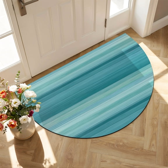 Half Circular Door Mat 16"x24", Teal Turquoise Aqua Ombre Absorbent Non Slip Welcome Mats for Front Door, Contemporary Abstract Lines Diatomaceous Entryway Rug for Bathroom Kitchen Apartment Entrance