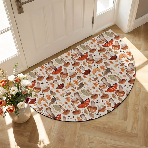 Half Circular Door Mat 16"x24", Thanksgiving Fall Absorbent Non Slip Welcome Mats for Front Door, Mushroom Orange Maple Leaf Botanical Diatomaceous Entryway Rug for Bathroom Kitchen Entrance