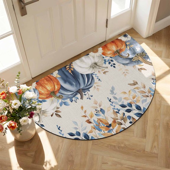Half Circular Door Mat 16"x24", Thanksgiving Pumpkin Absorbent Non Slip Welcome Mats for Front Door, Fall Farmhouse Eucalyptus Leaves Diatomaceous Entryway Rug for Bathroom Kitchen Apartment Entrance