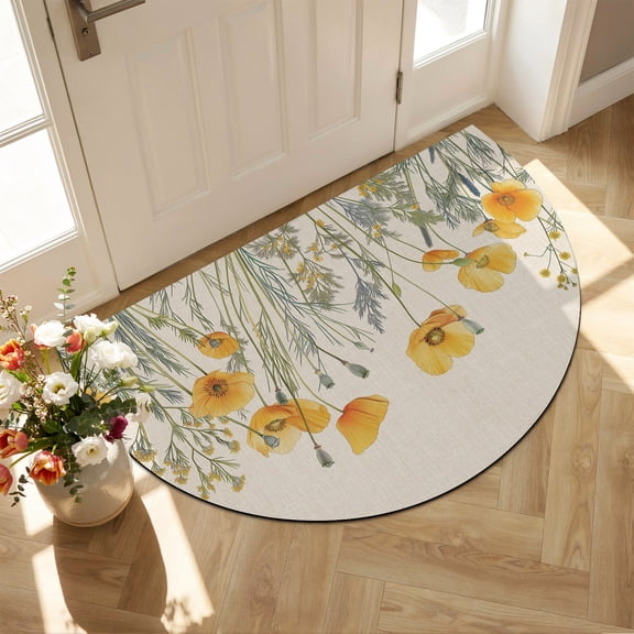 Half Circular Door Mat 16"x24", Yellow Spring Floral Absorbent Non Slip Welcome Mats for Front Door, Watercolor Farmhouse Botanical Diatomaceous Entryway Rug for Bathroom Kitchen Apartment Entrance