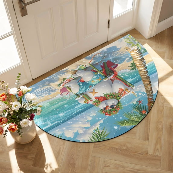 Half Circular Door Mat 20"x31.5", Christmas Snowman Coastal Absorbent Non Slip Front Door Mat, Xmas Blue Beach Diatomaceous Entryway Rug for Indoor Patio Living Room Kitchen Door Entrance