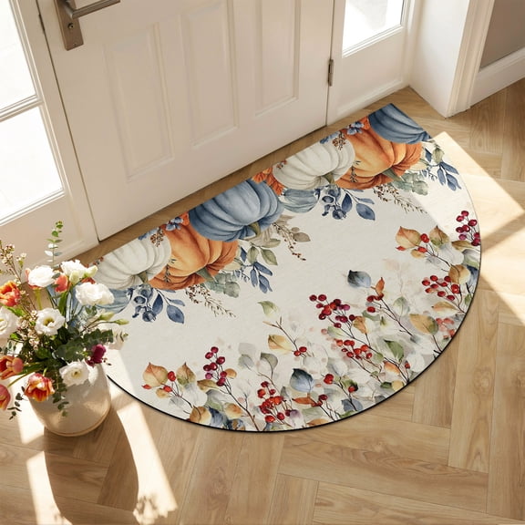 Half Circular Door Mat 20"x31.5",Vintage Orange Blue Fall Absorbent Non Slip Front Door Mat,Thanksgiving Maple Leaf Botanical Diatomaceous Entryway Rug for Patio Living Room Kitchen Door Entrance