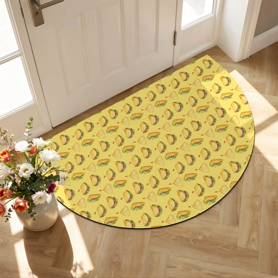 Half Circular Door Mat 20"x31.5", Yellow Tacos Absorbent Non Slip Front Door Mat, Cheese Vegetables Cartoon Food Diatomaceous Entryway Rug for Indoor Patio Living Room Kitchen Door Entrance