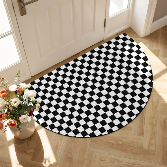 Half Circular Door Mat 24"x36", Black White Plaid Large Absorbent Non Slip Front Entrance Rug, Modern Buffalo Check Gingham Art Diatomaceous Welcome Mat for Double Door Garage Living Room Entryway