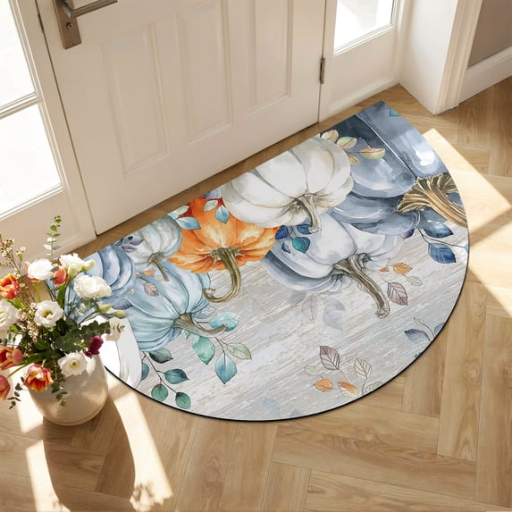 Half Circular Door Mat 24"x36",Blue Pumpkin Large Absorbent Non Slip Front Entrance Rug,Orange White Thanksgiving Autumn Eucalyptus Diatomaceous Welcome Mat for Double Door Living Room Entryway