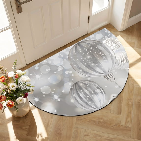 Half Circular Door Mat 24"x36", Grey Christmas Balls Large Absorbent Non Slip Front Entrance Rug, Xmas Balls Gray Diatomaceous Welcome Mat for Double Door Garage Living Room Entryway
