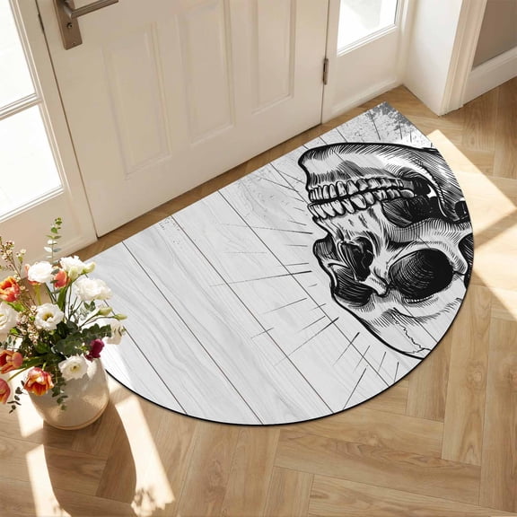 Half Circular Door Mat 24"x36", Horror Skull Large Absorbent Non Slip Front Entrance Rug, Black Skeleton Spooky Halloween Diatomaceous Welcome Mat for Double Door Garage Living Room Entryway
