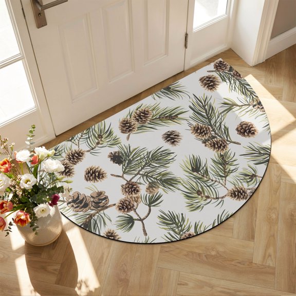 Half Circular Door Mat 24"x36", Sage Green Christmas Large Absorbent Non Slip Front Entrance Rug, Xmas Botanical Pine Cones Diatomaceous Welcome Mat for Double Door Garage Living Room Entryway