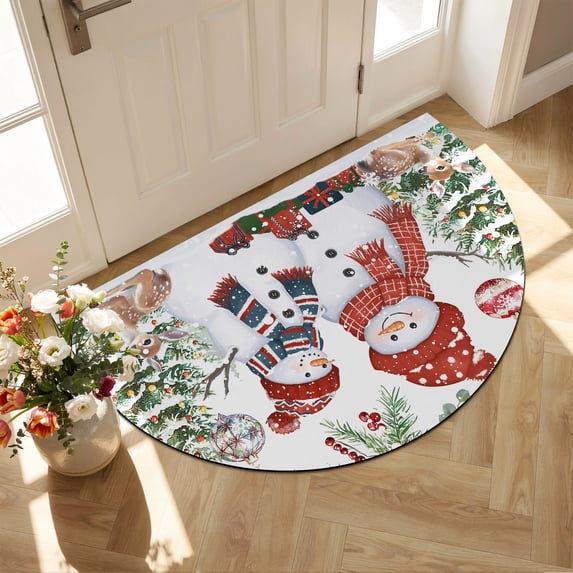 Half Circular Door Mat 24"x36", Snowman Christmas Large Absorbent Non Slip Front Entrance Rug, Balls Xmas Botanical Tree Diatomaceous Welcome Mat for Double Door Garage Living Room Entryway