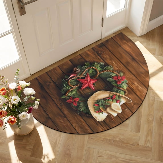 Half Circular Door Mat 24"x36", Western Christmas Large Absorbent Non Slip Front Entrance Rug, Xmas Botanical Wreath Vintage Diatomaceous Welcome Mat for Double Door Garage Living Room Entryway