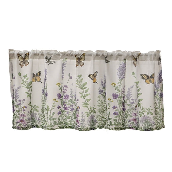 Half Curtains with Floral Butterfly Lavender Print for Bedroom Kitchen Bay Window Decor, Soft Polyester Short Curtains with Rod Pocket, Light Filtering Sheer Curtains for Home