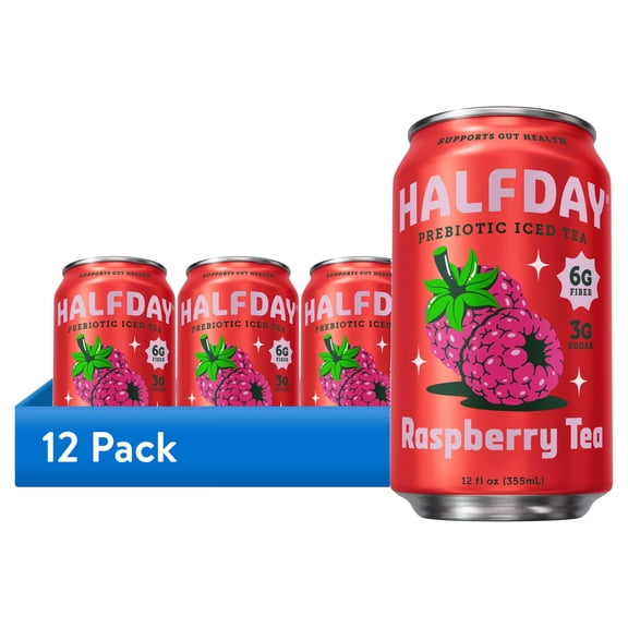 (12 pack) Halfday Prebiotic Raspberry Iced Tea Drink, 6g Fiber, 12 fl oz Single Can