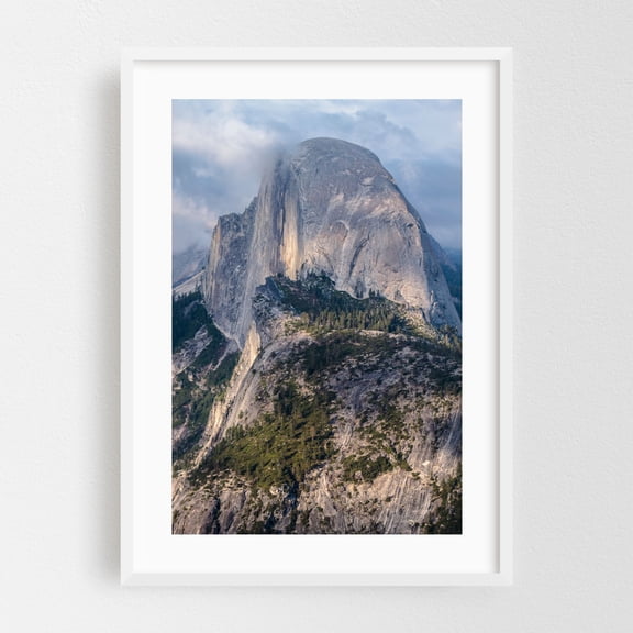Half Dome Shrouded In Clouds - Yosemite Valley California Photography Mountain Nature Landscape Scenic Wilderness Foggy Winter White Framed Wall Art Print 5 x 7 inches