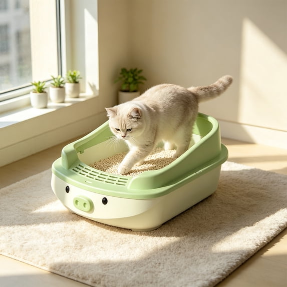 Half Enclosed Large Cat Litter Box, Top Entry Cat Litter Box, High Sides Odor Control Covered Cat Litter Pan with Cat Scooper, Detachable Easy Clean, Cat Necessities 16.93x11.42x2.36 Inch (White)