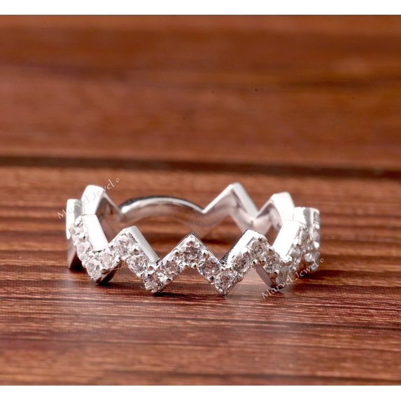 Half Eternity Diamond Wedding Band, Zig Zag Wavy Diamond Band, Pave Set Diamond Band Ring, 1.6 Ct Simulated Diamond, 925 Sterling Silver, Bridesmaid Gifts