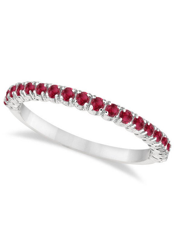 Half-Eternity Pave-set Thin Ruby Stacking Ring 14k White Gold (0.65ct)