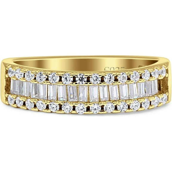 Half Eternity Ring Three Row Baguette Cubic Zirconia Yellow Tone 925 Sterling Silver, Size 8